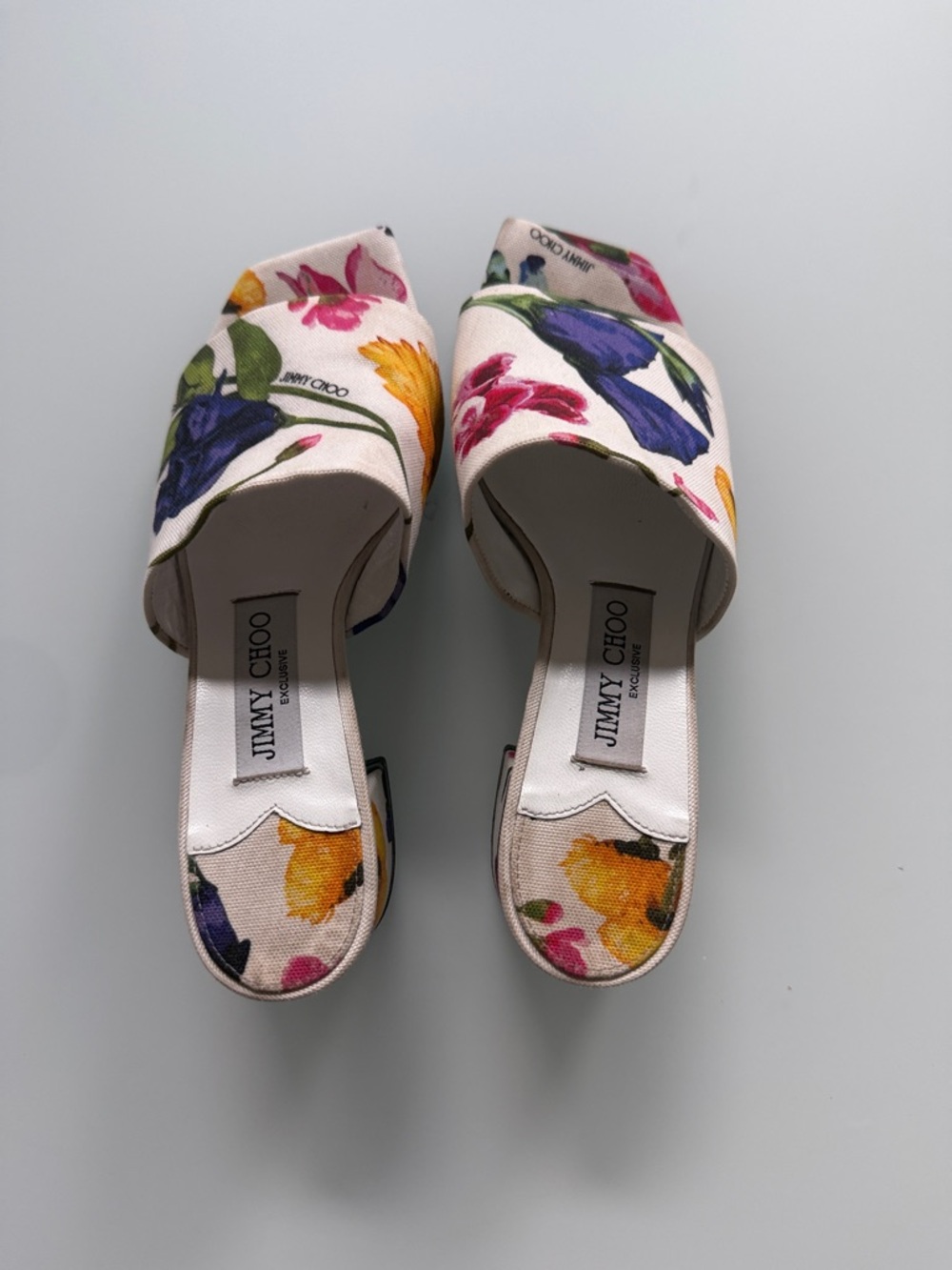 Jimmy Choo Floral Canvas Open-Toe Mules - White with Pink, Purple, Yellow, Green